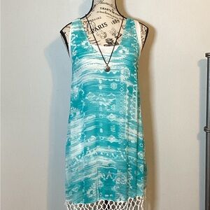 🌴 BEACH/SWIMSUIT BOHO RACERBACK COVERUP TURQUOISE/WHITE w/MACRAME FRINGE SZ S/M